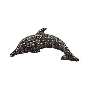 Sterling Silver Paved Marcasite Dolphin Fish Amethyst Eye Signed Brooch Pin 8G